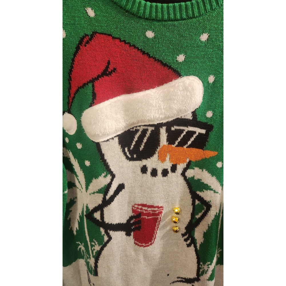 Men's Large JEM Christmas Ugly‎ Green Sweater Snowman  Summer Palm Trees Bells